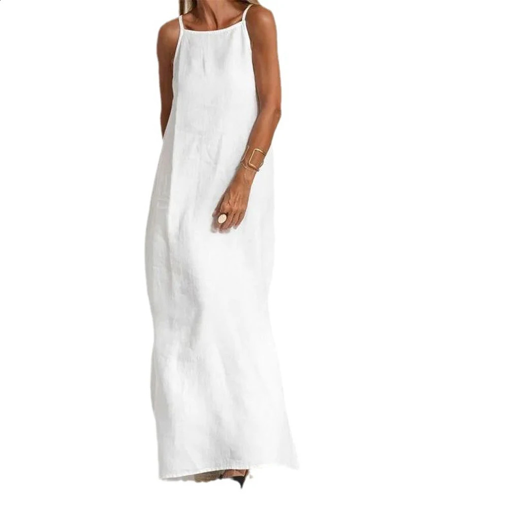 Women Cotton Linen Side Split Long Slip Dress Summer Lady Strapless Solid Color Holiday Party Dresses Fyy10080 Y24