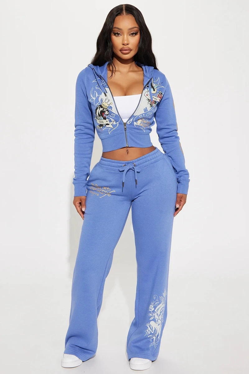 STYLISH LADY Cartoon Letter Printed 2 Piece Set Women Long Sleeve Hooded Jacket and Drawstring Pant Suits Fitness Tracksuit 240808