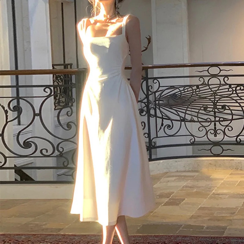 Summer Evening Party White Midi Dress Office Lady Slim Sexy Sleeveless Strap Dress Beach Style Women One Piece Dress Korean 240809