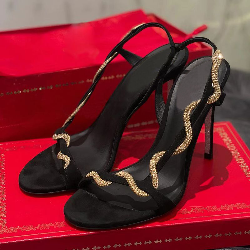 Rhinestone serpentine winding black high-heeled sandals anti velvet elegant sexy fashion luxury designer 9.5cm women's high heels banquet party shoes With box 34-42