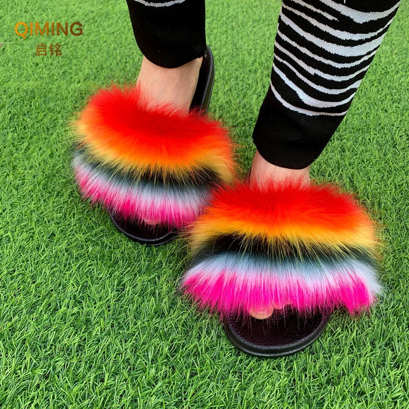fox Fur Slides For Women Plush Slippers Fluffy Slides Raccoon Fuzzy Furry Faux Fur Slippers Summer Flat Shoes Woman Sandals 240809