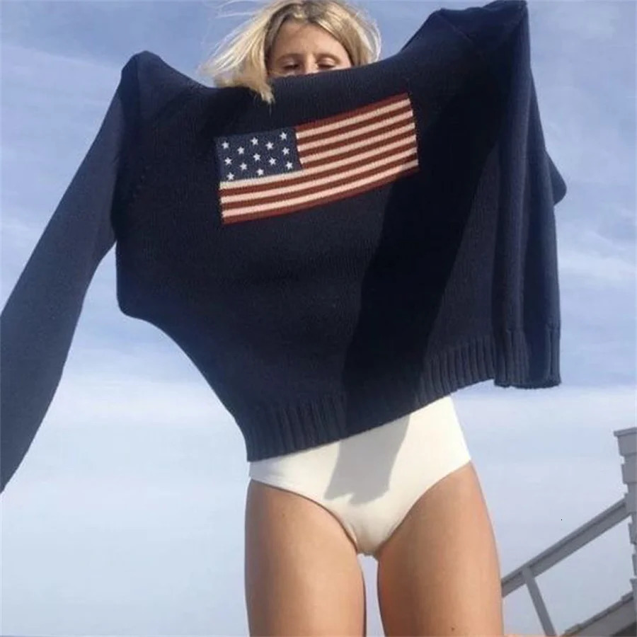 Y2K Flag Knit Women Sweaters Hip Hop Streetwear Long Sleeve Pullover Autumn Harajuku Knitted Tops Casual Loose Large Clothes 240809