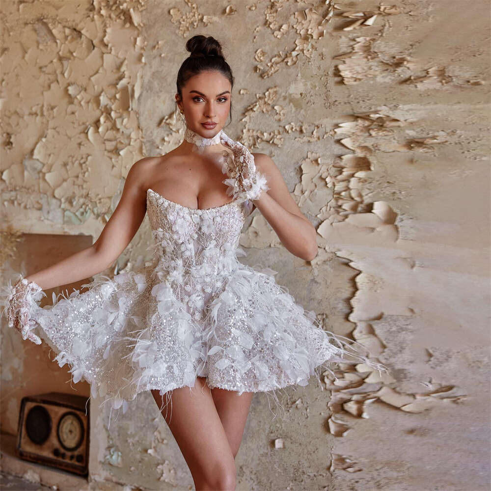 Sweetheart Necke Fiddy898 Short Wedding For Women Beaded With Feather And Appliqued Bridal Dress A-E S53 6660306