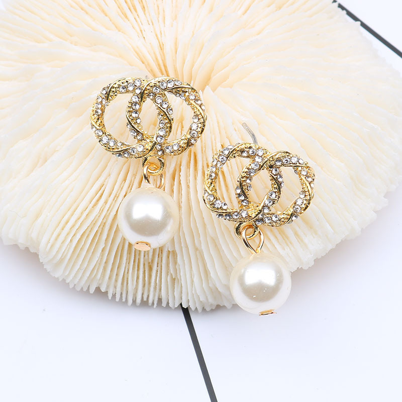 Simple Charm Stud Earrings Eardrop Gold-color Famous Women Geometry Round Inlay Crystal Rhie Pearl Earring Wedding Party Design Jewerlry Gifts C8019