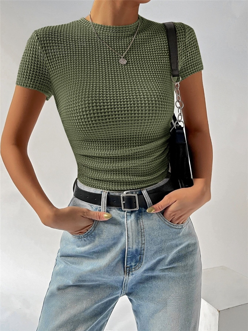 Spring and Summer New Product Slim Fit Versatile Pleated Round Neck Knitted Short Sleeved T-shirt