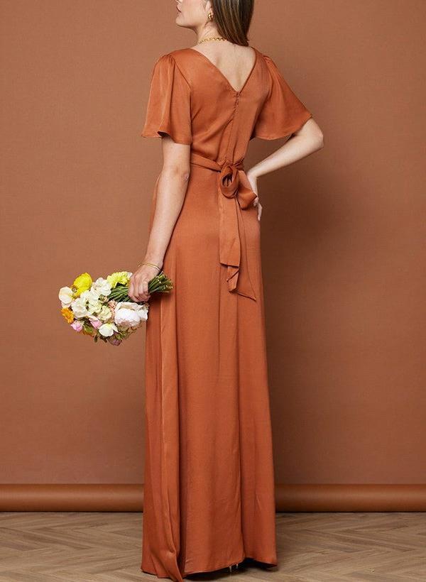Modern Satin A-E Bridesmaids' & Formal V-Neck Short Sleeves Or-Length Junior Bridesmaid Dresses Bc19336 0220