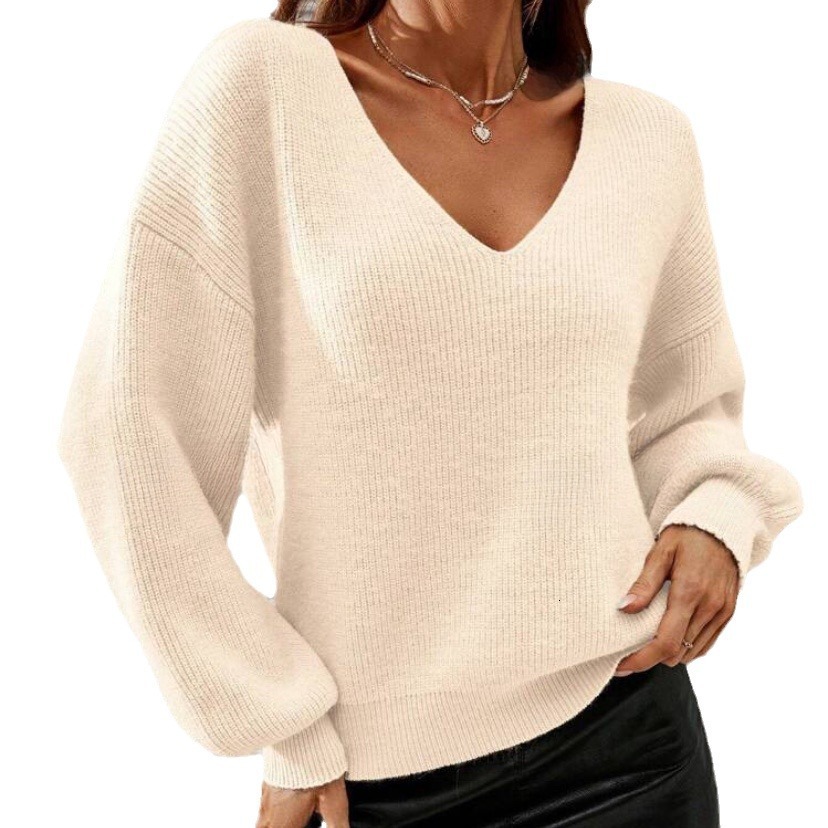 autumn and winter V-neck long sleeved loose lazy style simple pullover solid color base sweater for women dongdumaoyi