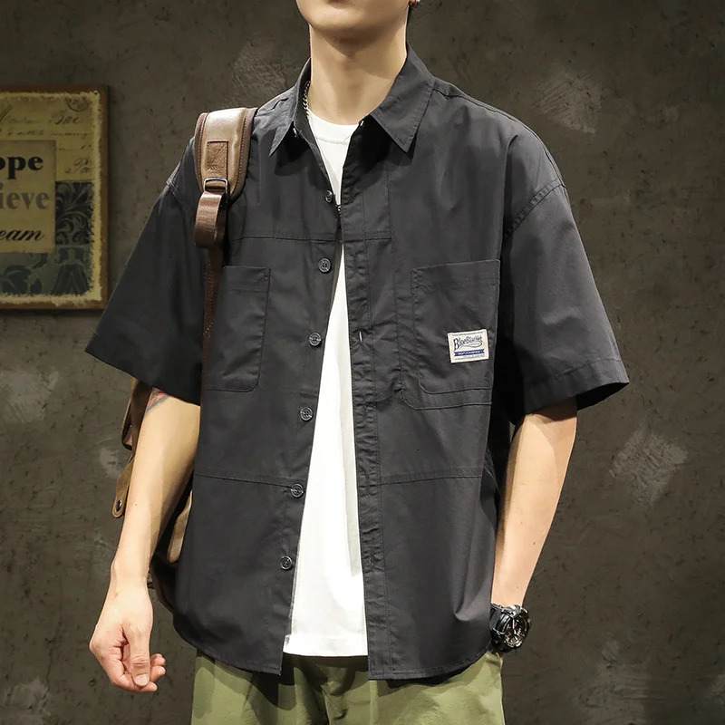 American Casual Short Sleeve Shirt For Men Summer Fashion Comfortable T-shirt High Street Plain Lapel blouses hombre 240816
