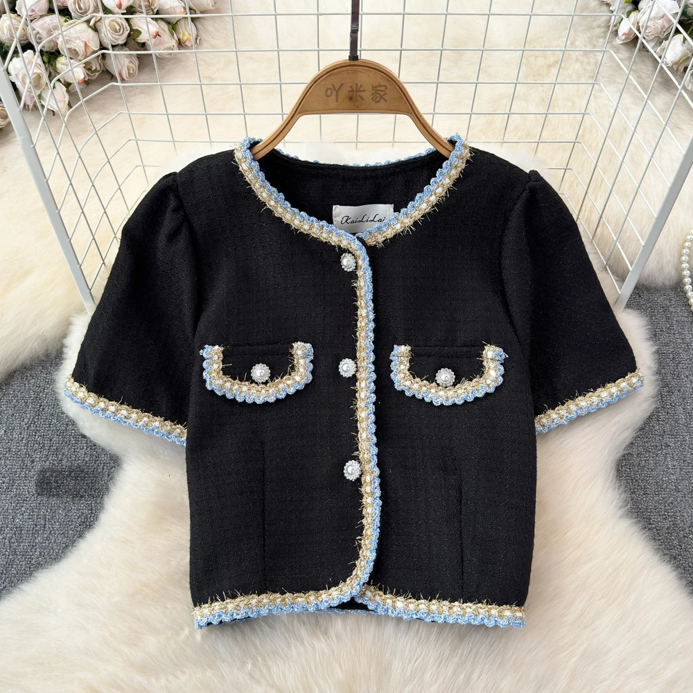 Chics Summer Unique Short Sleeve Coat Top Tweed Short Jacket For Women Summer Women Sleeveless Tweed Vest 240812