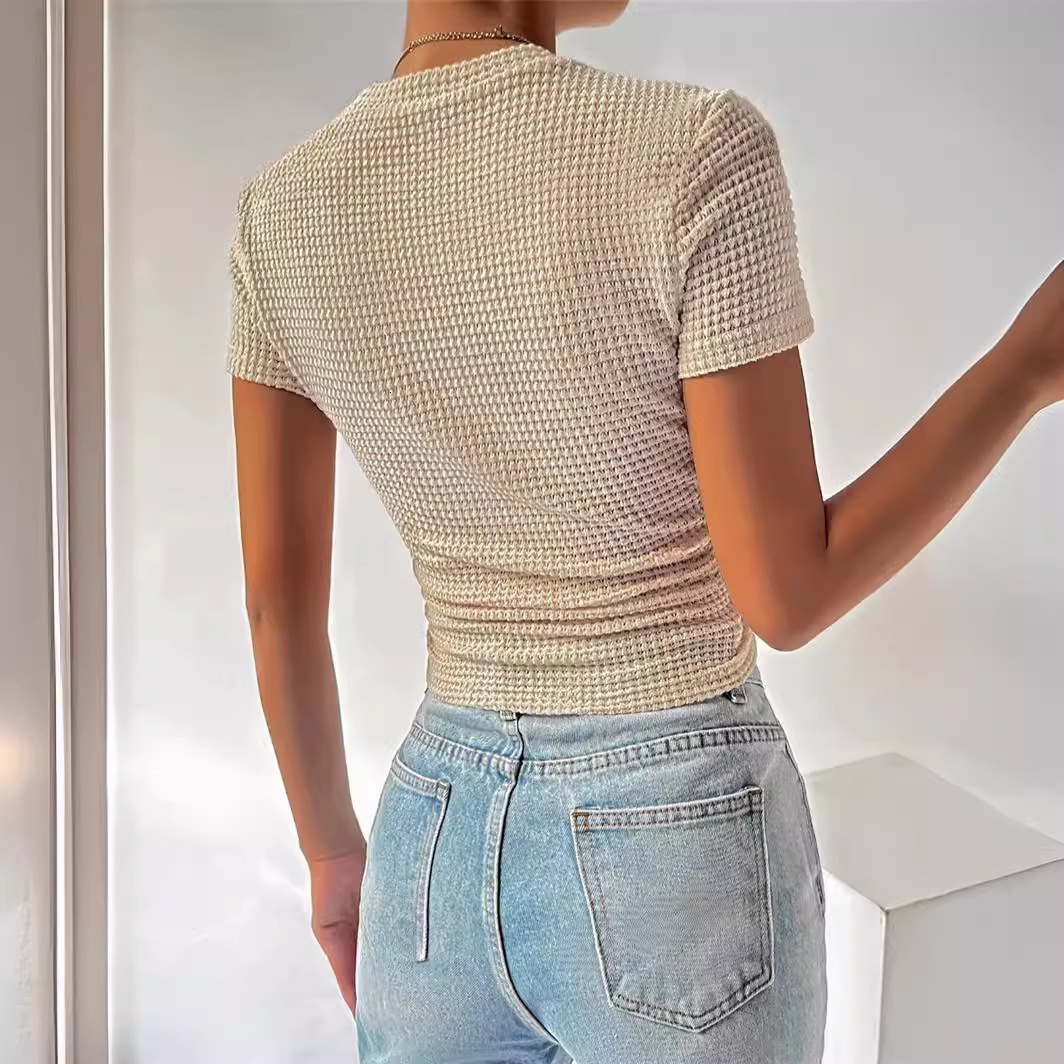 Spring and Summer New Product Slim Fit Versatile Pleated Round Neck Knitted Short Sleeved T-shirt