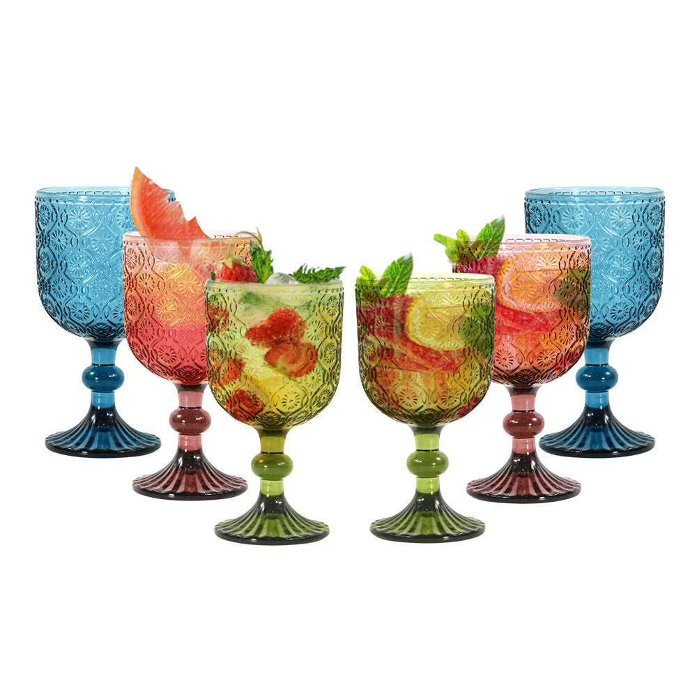 Wholesale 240ml wine glasses 12oz Vintage Pattern European embossed stained lamp thick goblets for Party Wedding Haitang Flower Style