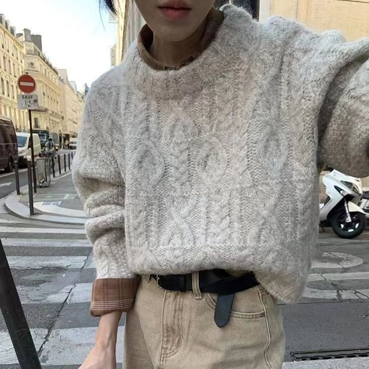 Orange Round Neck Pullover Short Sweater Womens Fried Dough Twists Winter Wear Loose Lazy Style Knitwear Women