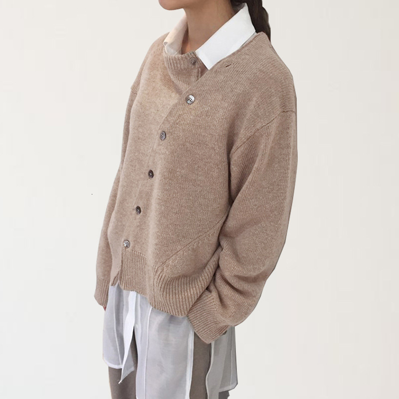 Spring New Korean Version Diagonal Buckle Irregular Design Lazy Style Sweater Cardigan Round Neck Knitted Jacket for Women