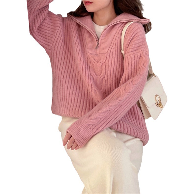 Autumn new lapel lazy style pullover solid color sweater women wear loose Fried Dough Twists knitwear women's blouse thickened dongdumaoyi