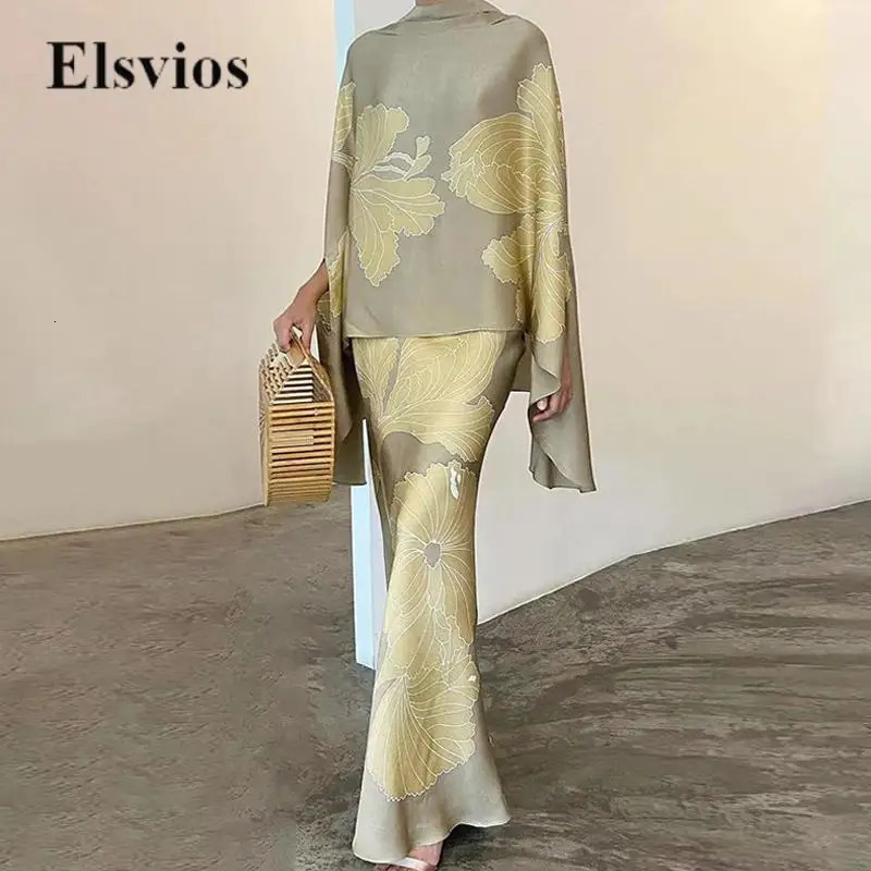 High Fashion Commuting Satin Set Elegant Batwing Sleeve Tops Blouse Slim Long Skirt Outfits Women Casual Loose Two Piece Suits 240809