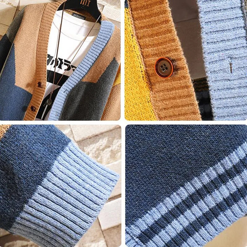 Autumn and Winter Korean Style Fashion Knit Cardigans Sweater Patchwork Color Couple Men Casual Trendy Coats Jacket Men Clothes 240816
