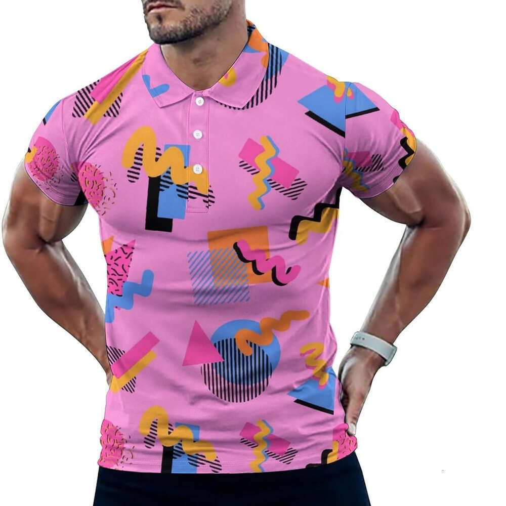 Fashion Mens Polo shirt 80s Geometric Pink Golf Shirts Athletic Fishing Short T-Shirt Summer Tennis Shirt Casual TopsCasual tops summer clothes