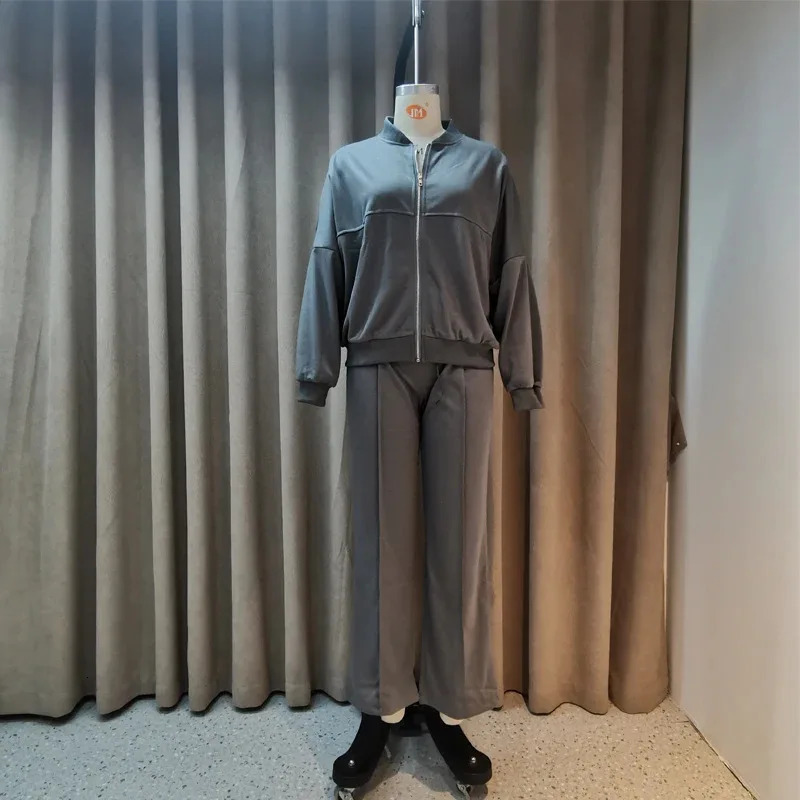 Womens twopiece long pants set solid loose casual full elegant zipper jacket wide leg high waist 240819