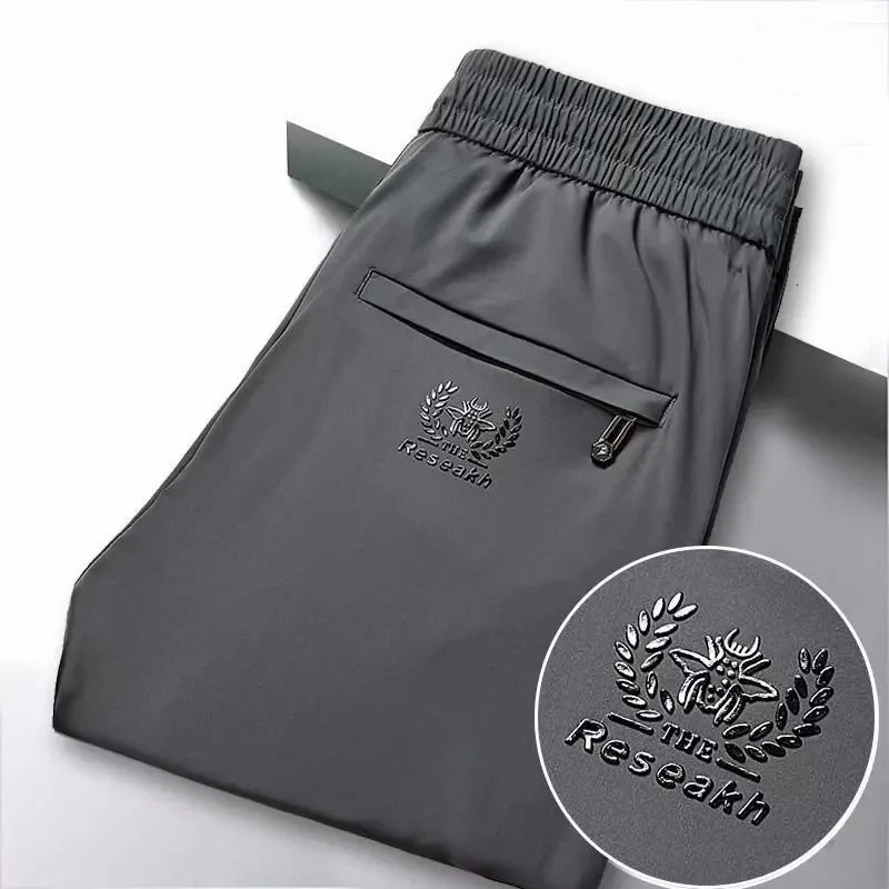 Mens ice silk quick drying casual pants summer thin airconditioned loose straight leg elastic waist sports 240824