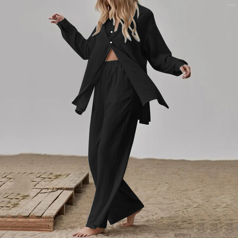 Women's Two Piece Pants Elegant Cotton En Pieces Sets Long Sleeve Shirt And High Waist Trousers Vintage Solid Suits Women Outfits