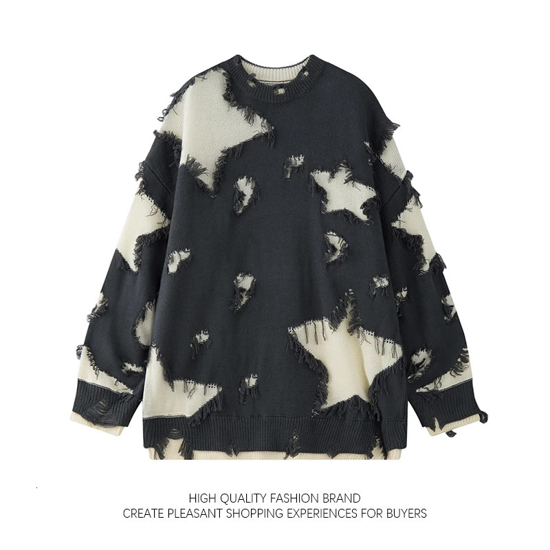 Star Hole sweater niche in the United States primitive edge Tattered style spliced flower mens fashion heavy industry knitted sweater trend240808