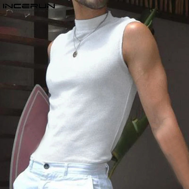 2024 Fashion Mens Tank Tops Turtleneck Solid Color Sleeveless Streetwear Casual Vests Party Nightclub Skinny Tops INCERUN S-5XL 240808