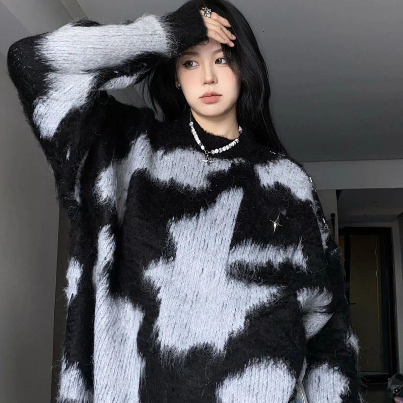 Korean Fashion Contrast Color Sweater for Women Autumn Winter Loose Knitted Top Female Casual Long Sleeve Oversized Pullovers 240813