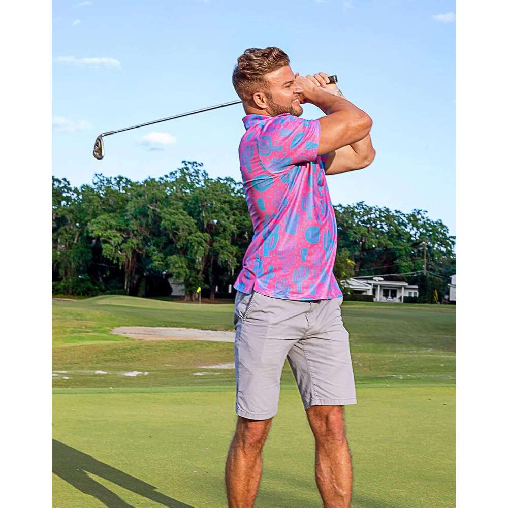 Fashion Mens Polo shirt Mens Polo Shirts Dry Fit Pink Cactus 3D Print Moisture Wicking Funny Golf Shirt Polos shirts tshirt Casual tops summer clothes