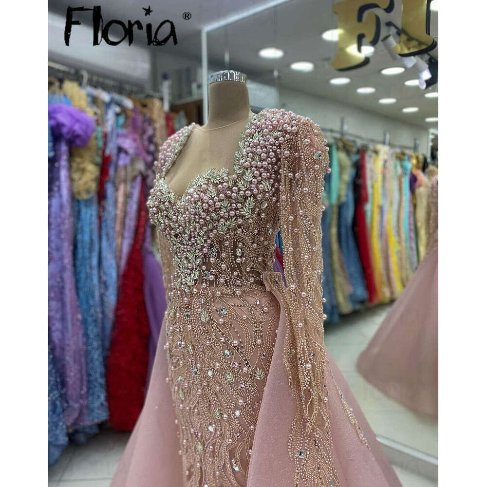Sparkg Pink 2024 Women Evening High Back Long Sleeve Pearls Party Gowns With Overskirts Dubai Formal Prom Dress