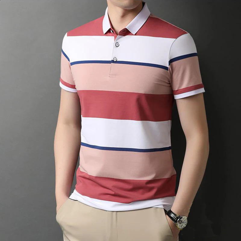Mens Polo T Shirt Business Casual Simple Stripes Print Summer Short-Sleeve Polo Shirt Fashion Street Wear Oversized Clothes i240816