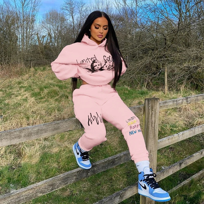 Hoodies Set Woman Pants 2 Pieces Joggers Tracksuit Long Sleeve Sweatshirt Sweatpant Printed Loose Suit Fall Outfits Sportswear 240808