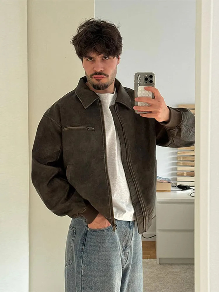 Chic Male Lapel Zipper Pu Leather Jacket Autumn Winter High Quality Warm Coat Mens Fashion Long Sleeve Pocket Outcoats 240809