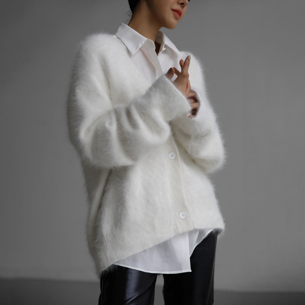 Imitation Mink Wool Knitted Sweater Cardigan Autumn/winter Lazy Loose Long Sleeved V-neck Sweater Jacket for Women