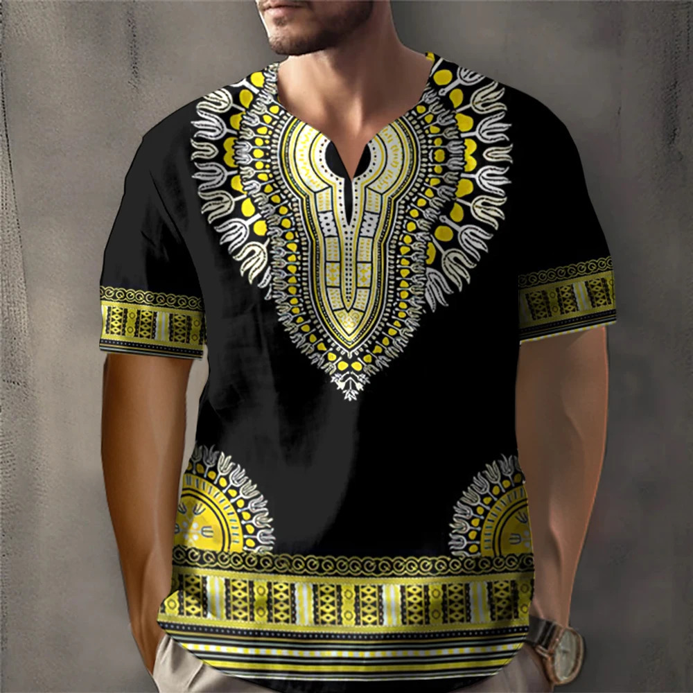 African traditional retro mens T-shirt retro ethnic style printed T-shirt loose short sleeved T-shirt oversized mens clothing top240808