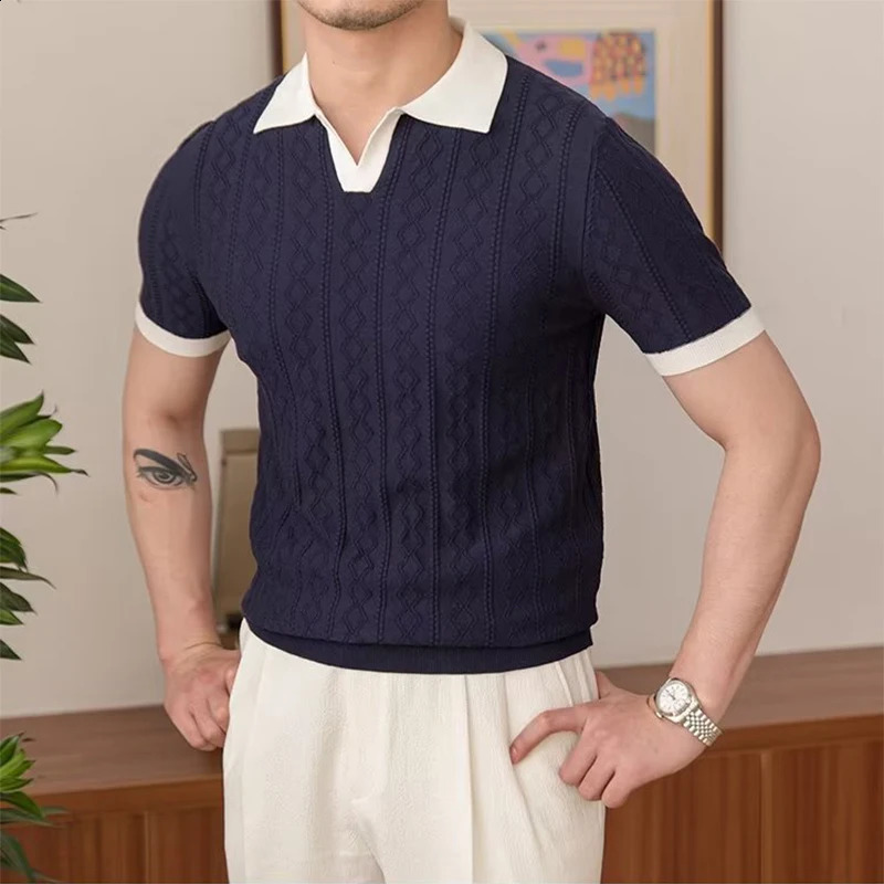 Summer Fashion Men Short Sleeve Slim Polo Shirt Vintage Patchwork Knitted Polos Men Clothing Male Casual V-Neck Lapel Pullover 240809