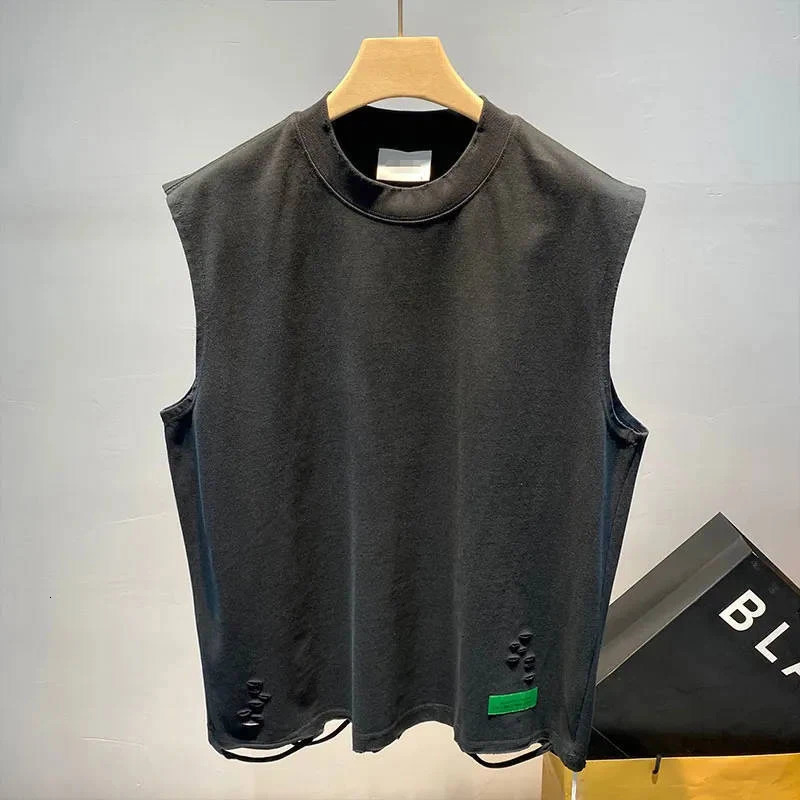 Summer Tear Hole O-neck Mens Tank Top Fashion Personality Casual 2xl Oversized T-shirt Sportswear Daily Street Black and White240808