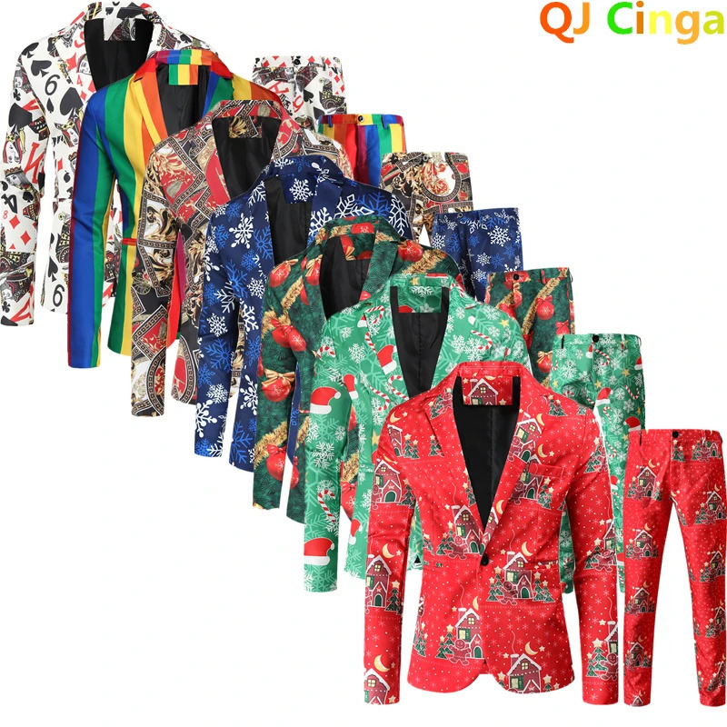 Red Printed Two-piece Mens Christmas Suit Jacket Pants Stylish Male Blazer Coat with Trousers Black Green Blue S-4XL 240808