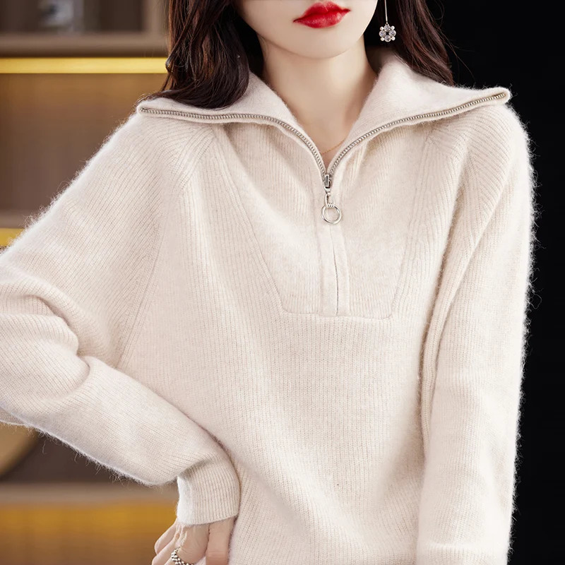 Lapel mink cashmere womens autumn and winter thick sweater loose half zip lazy knit pullover top 240812