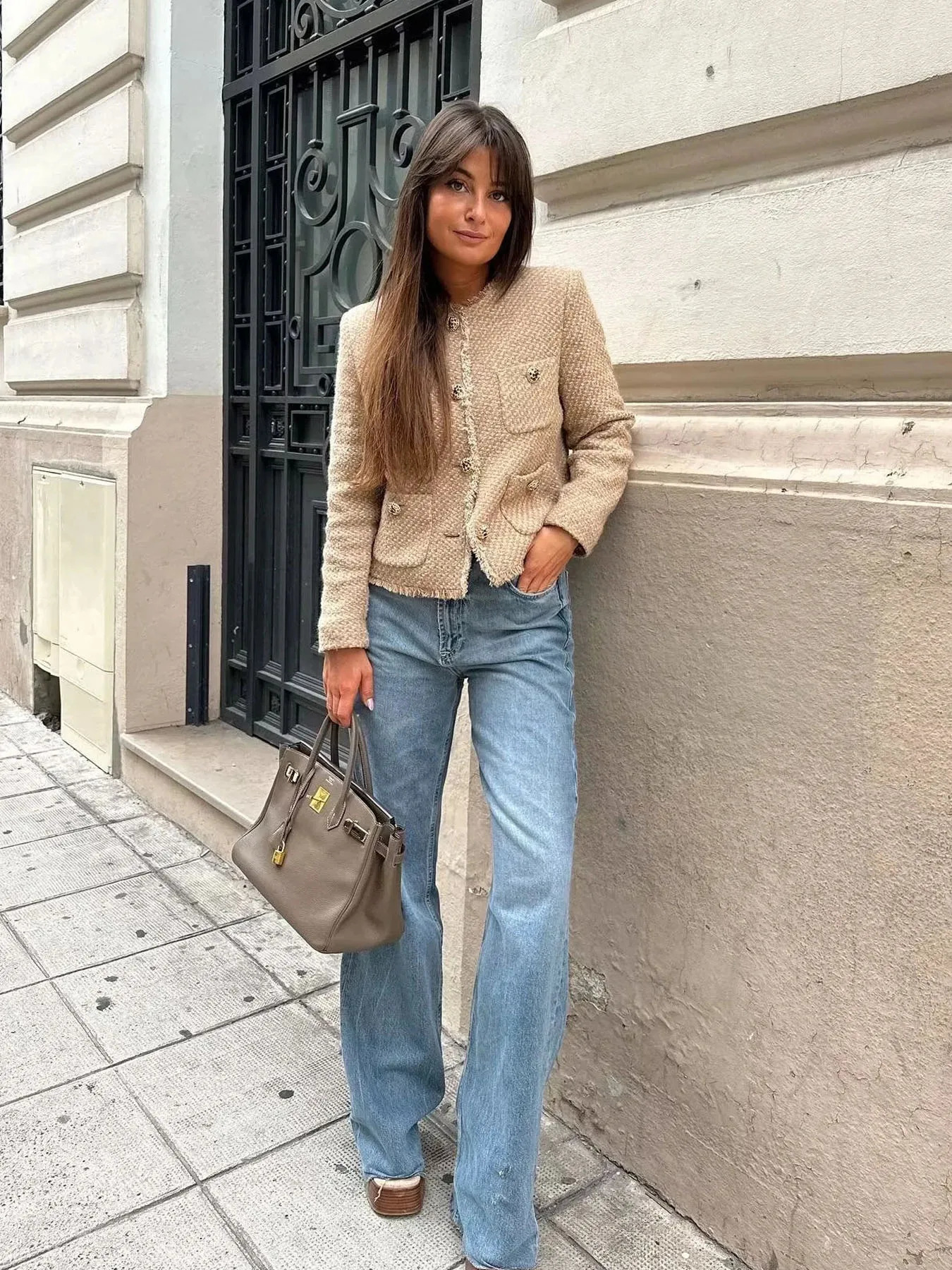 TRAF Womens Jacket Coat Tweed Cropped Jacket in Outerwears Autumn Winter Crop jacket Woman Long Sleeve Elegant Short Coats 240809 - view 5