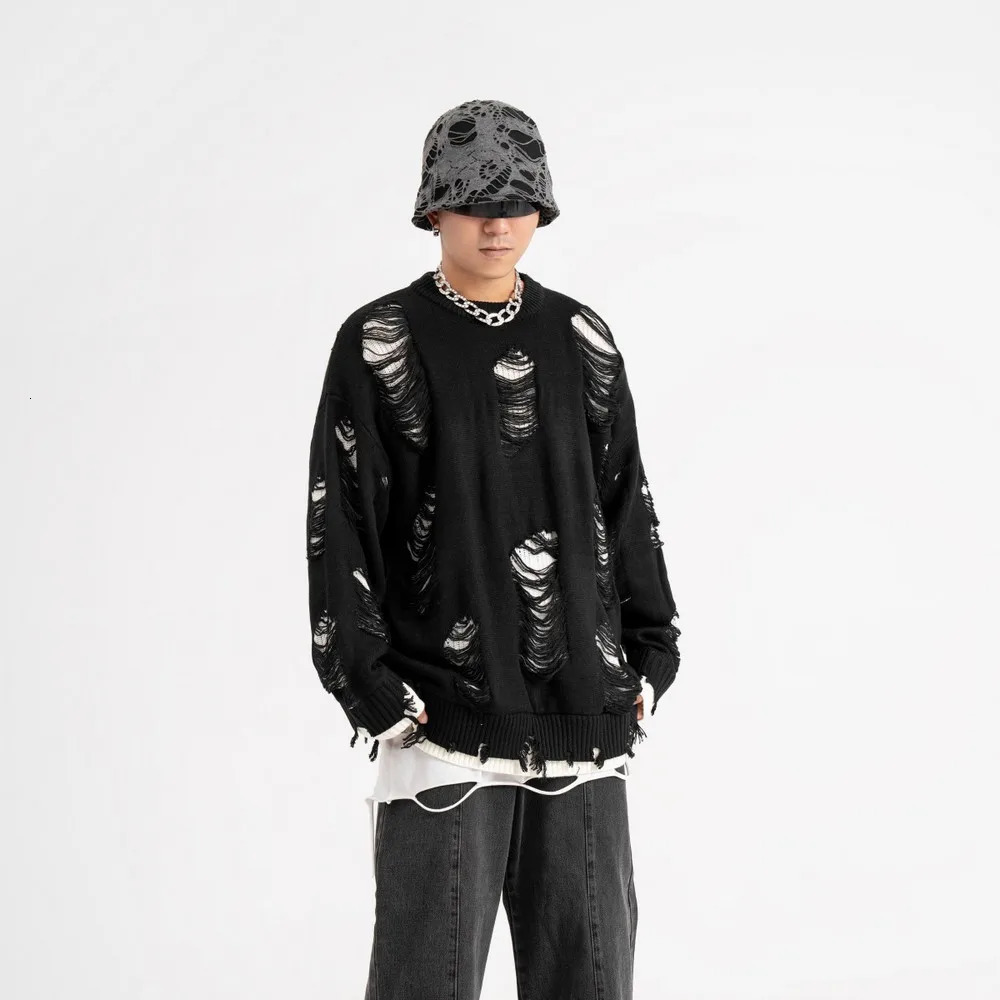 Distressed Ripped Holes Mens Aesthetic Sweater Knitted y2k Mens Clothing Winter Fashion Womens Gothic Street Clothing240808
