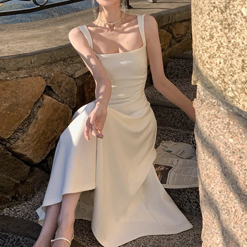 Summer Evening Party White Midi Dress Office Lady Slim Sexy Sleeveless Strap Dress Beach Style Women One Piece Dress Korean 240809