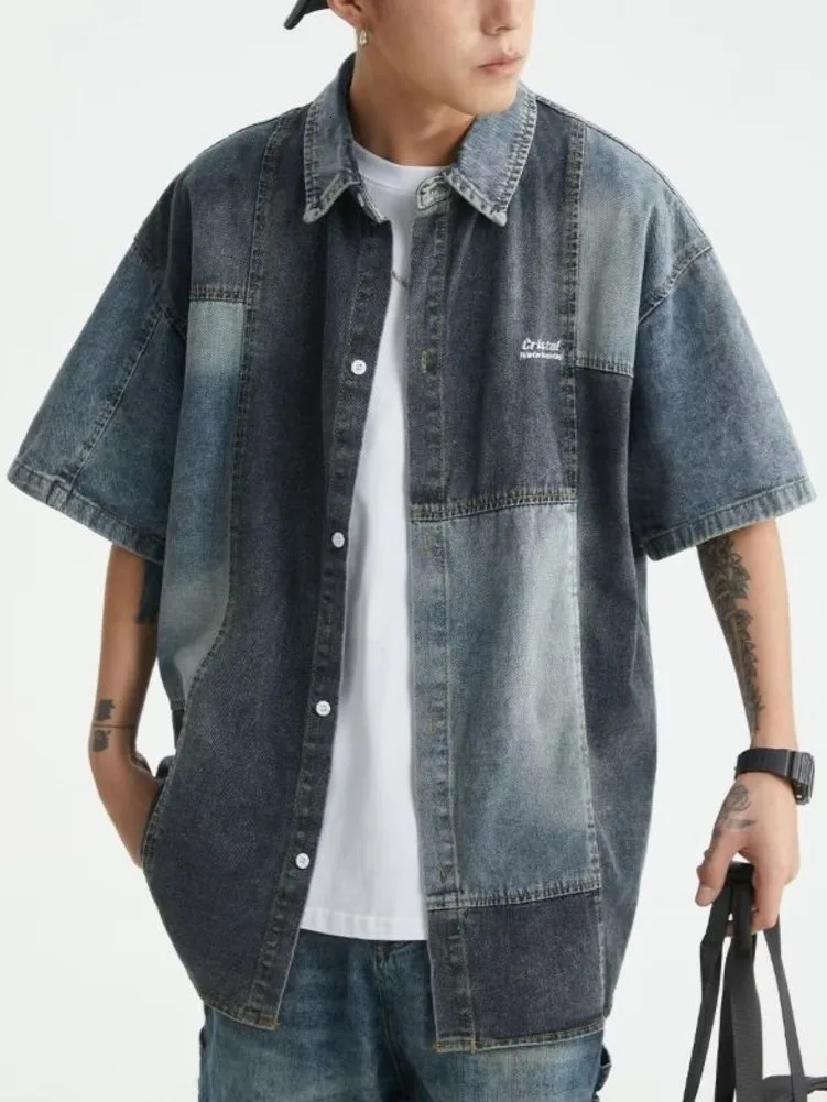 Summer retro Japanese style short sleeved shirt patchwork denim street hip-hop single chest cardigan mens fashion top240808