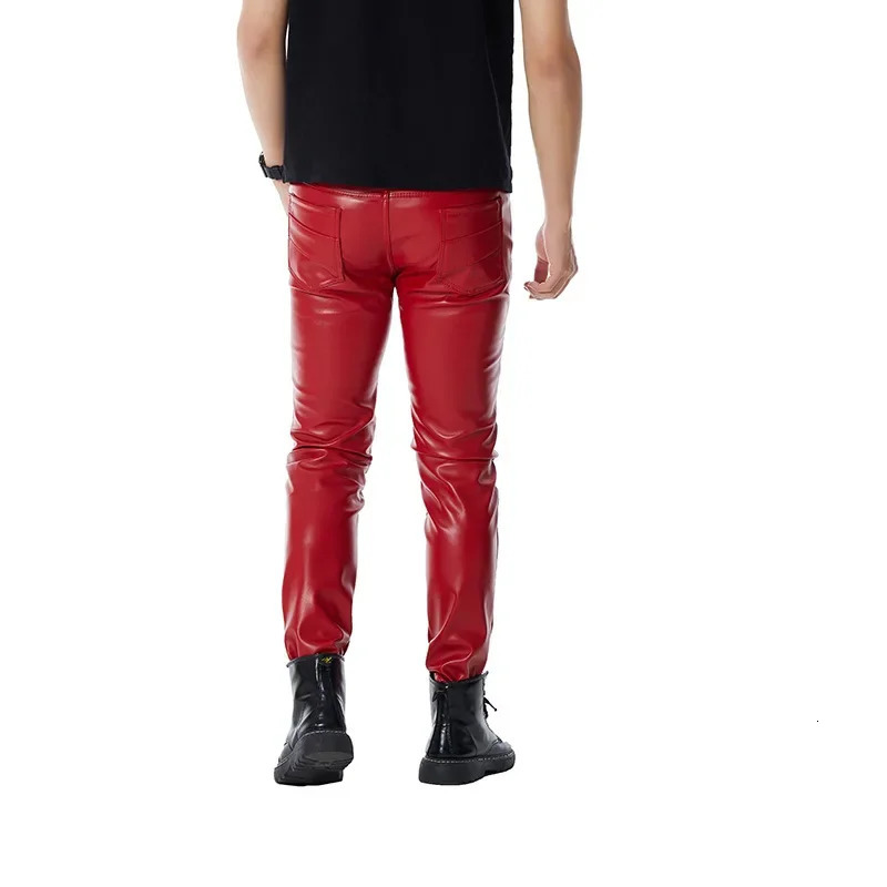 Mens red personal casual zipper PU stitched leather pants 240808
