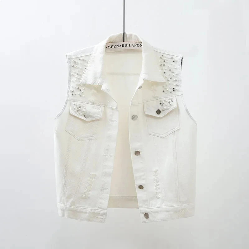 Colorful Denim Jacket Waistcoat Womens Spring Summer Slim Hole Beaded Sleeveless Coat Female Short Casual Vest Outwear Tops 240813