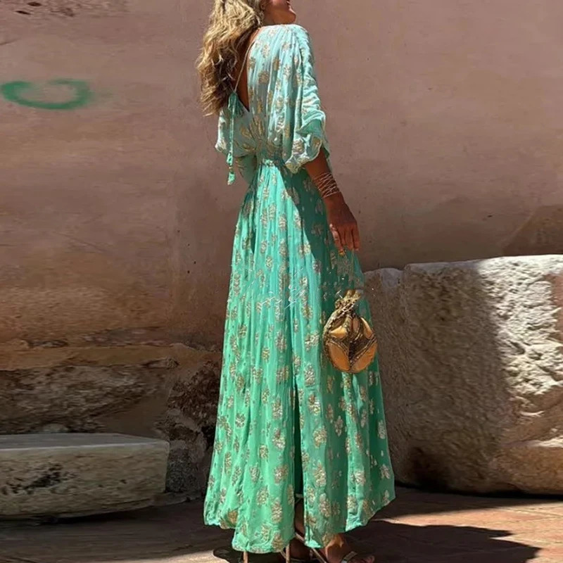 Casual Printed Patchwork Long Pants Jumpsuit Summer Lady V Neck Half Sleeved Loose Playsuit Fashion High Waist Boho Romper 240808