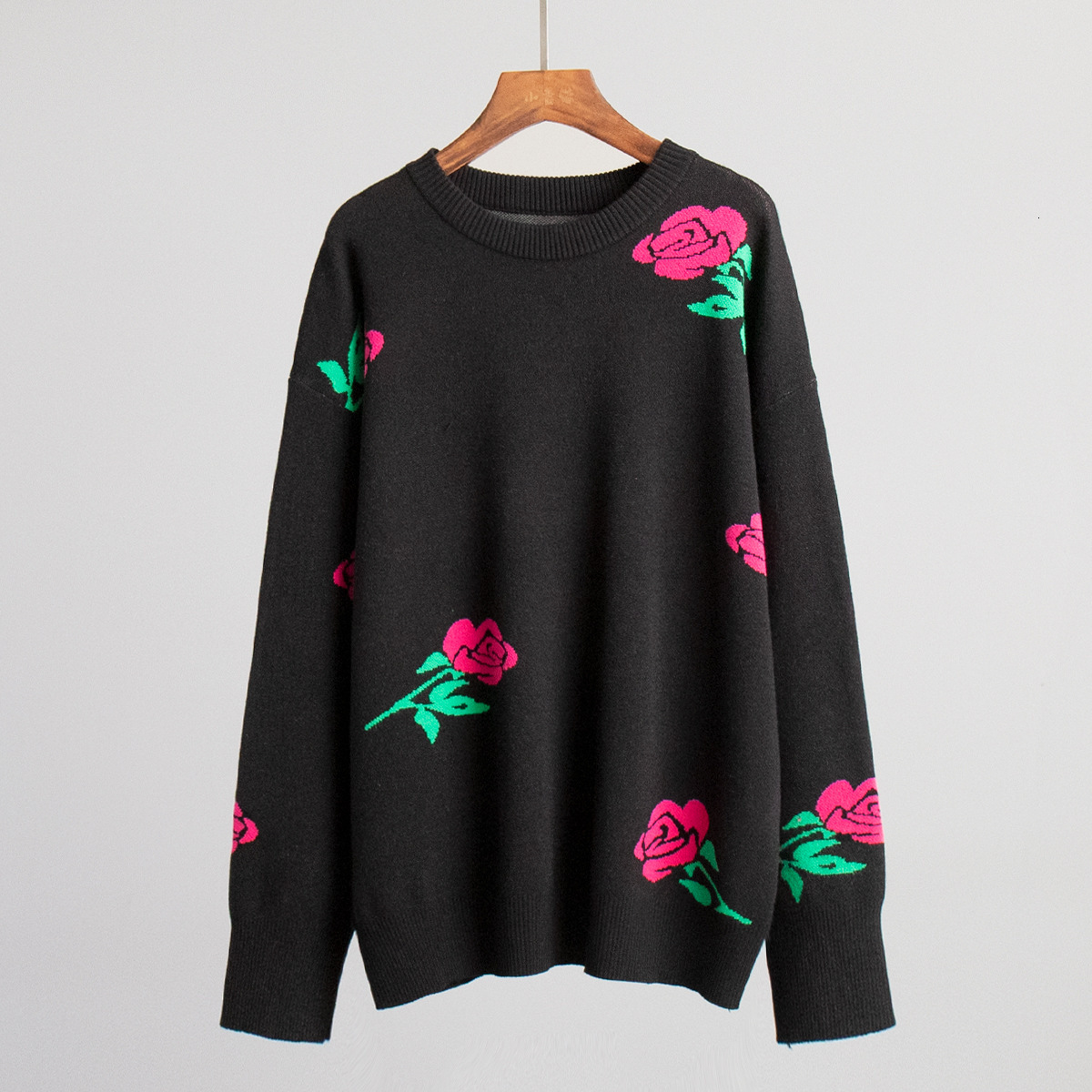 Round Neck Rose Print Sweater Knitted Sweater Autumn and Winter New Versatile Loose Pullover Sweater for Women