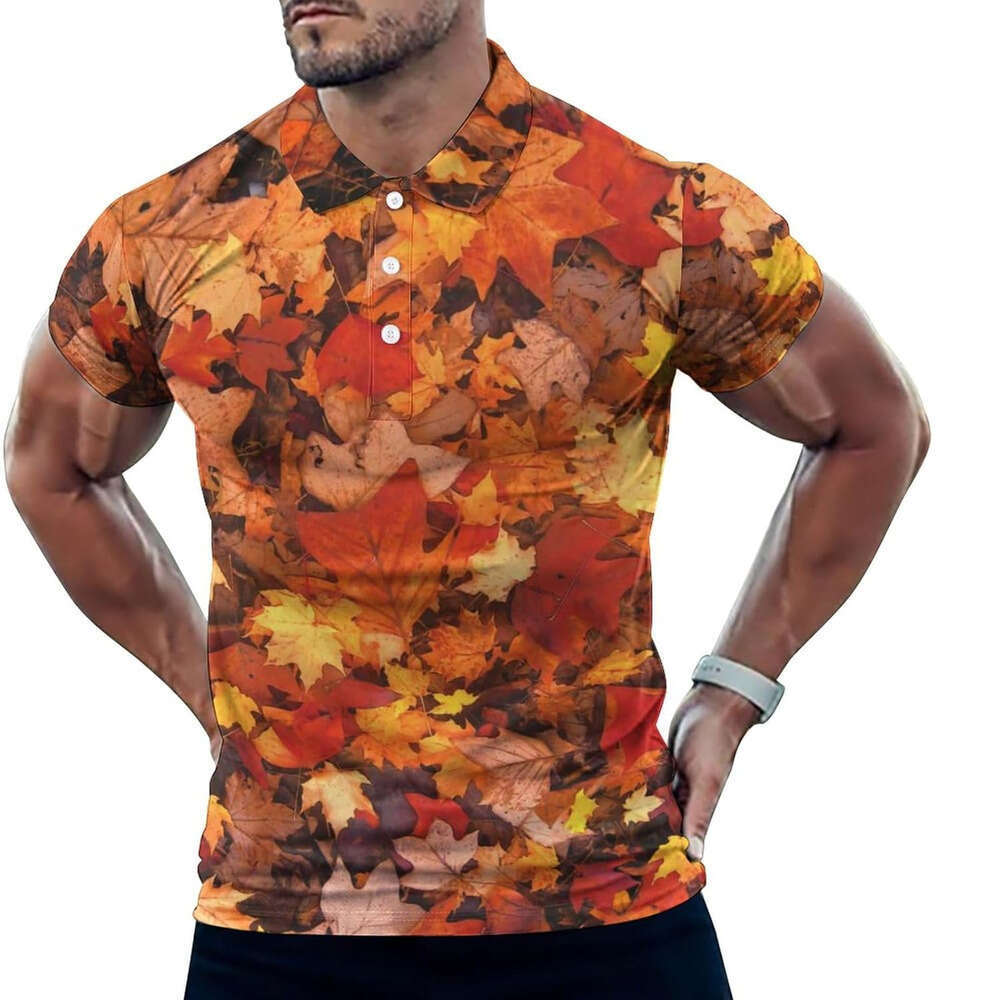 Fashion Mens Polo shirt Autumn Leaves Golf Shirts Athletic Fishing Short T-Shirt Summer Tennis Shirt Casual Tops White tops summer clothes