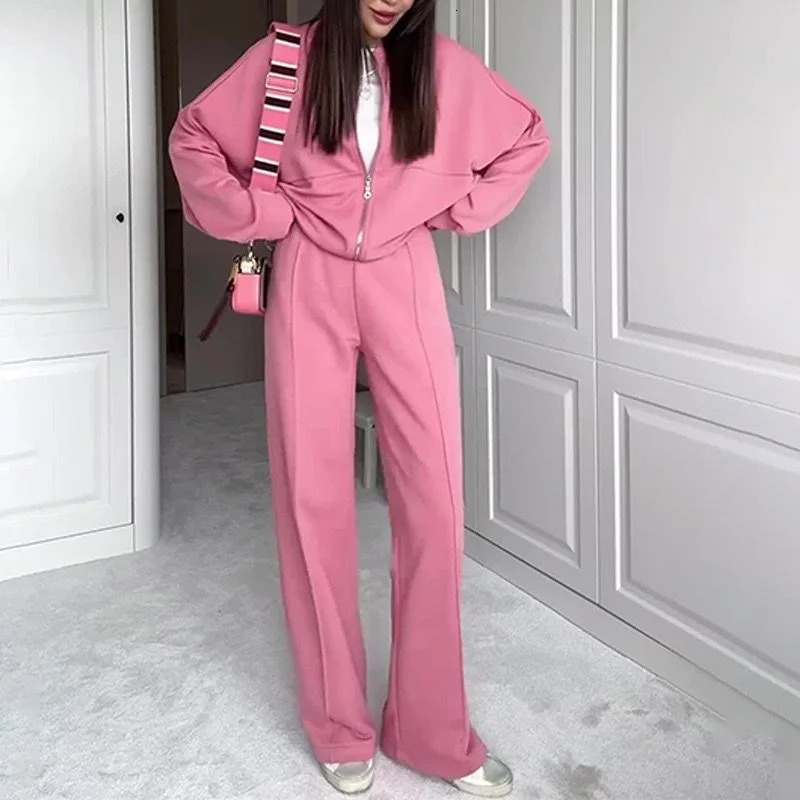 Womens twopiece long pants set solid loose casual full elegant zipper jacket wide leg high waist 240819