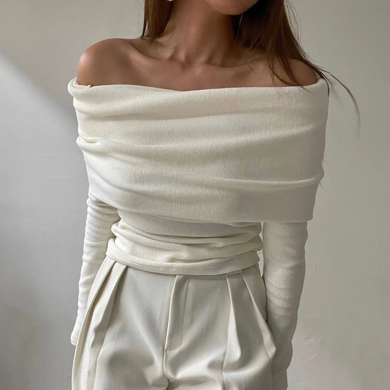 Off Shoulder Knit Top for Women Stretchy Cream White Long Sleeve Pullover Sweater Spring Ladies Elegant Outfit 240809