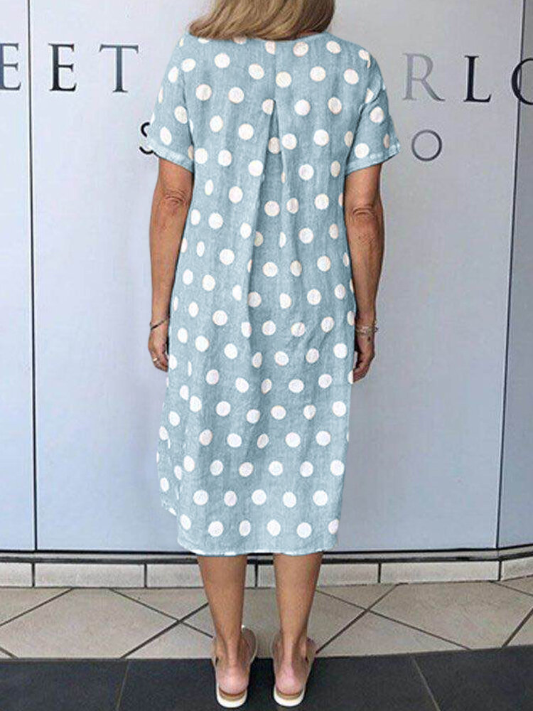Casual Dresses 2024 Women Summer Dress Loose Short Sleeve Pockets Polka Dot Printed Clothing